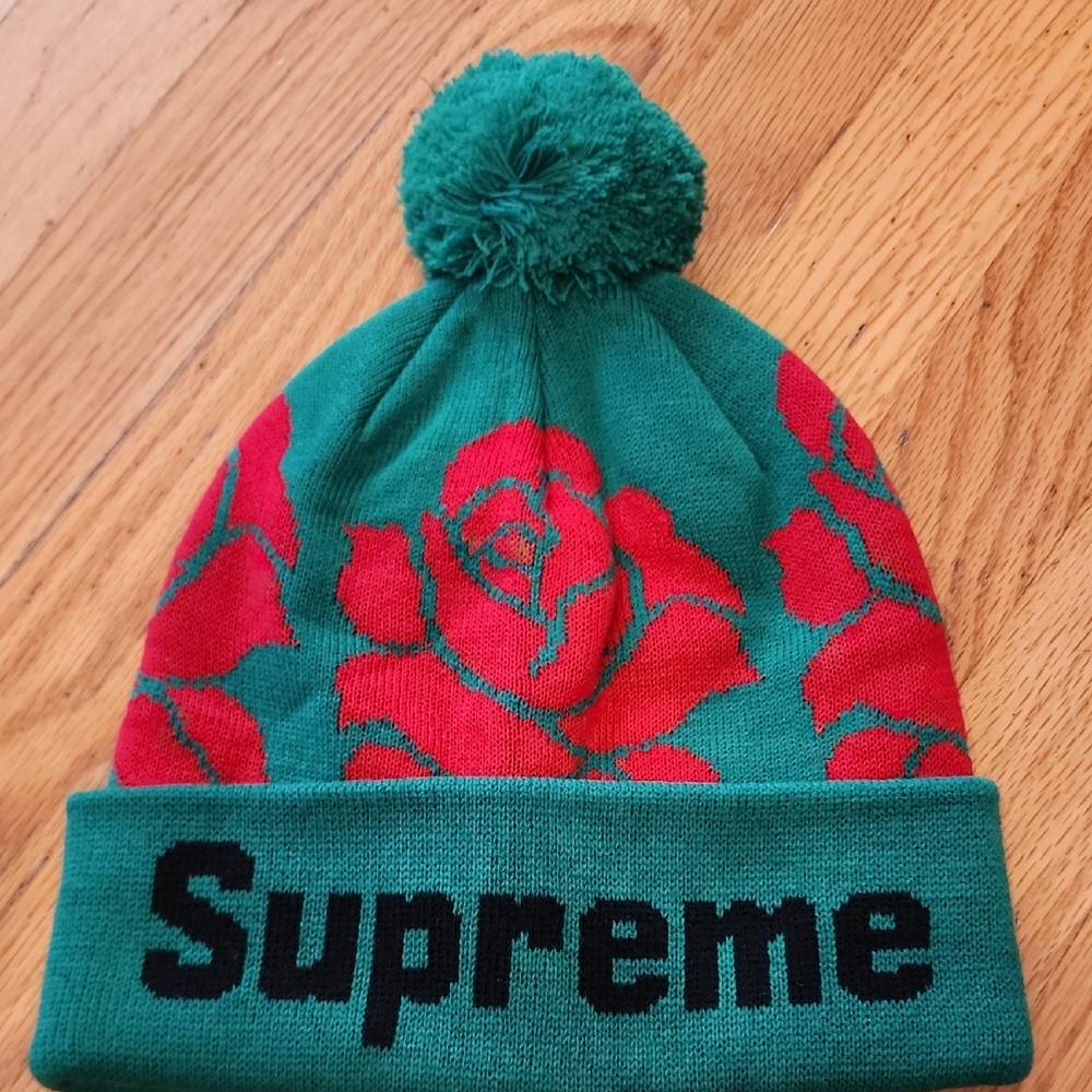 Supreme Teal and Red Rose Knit Beanie
